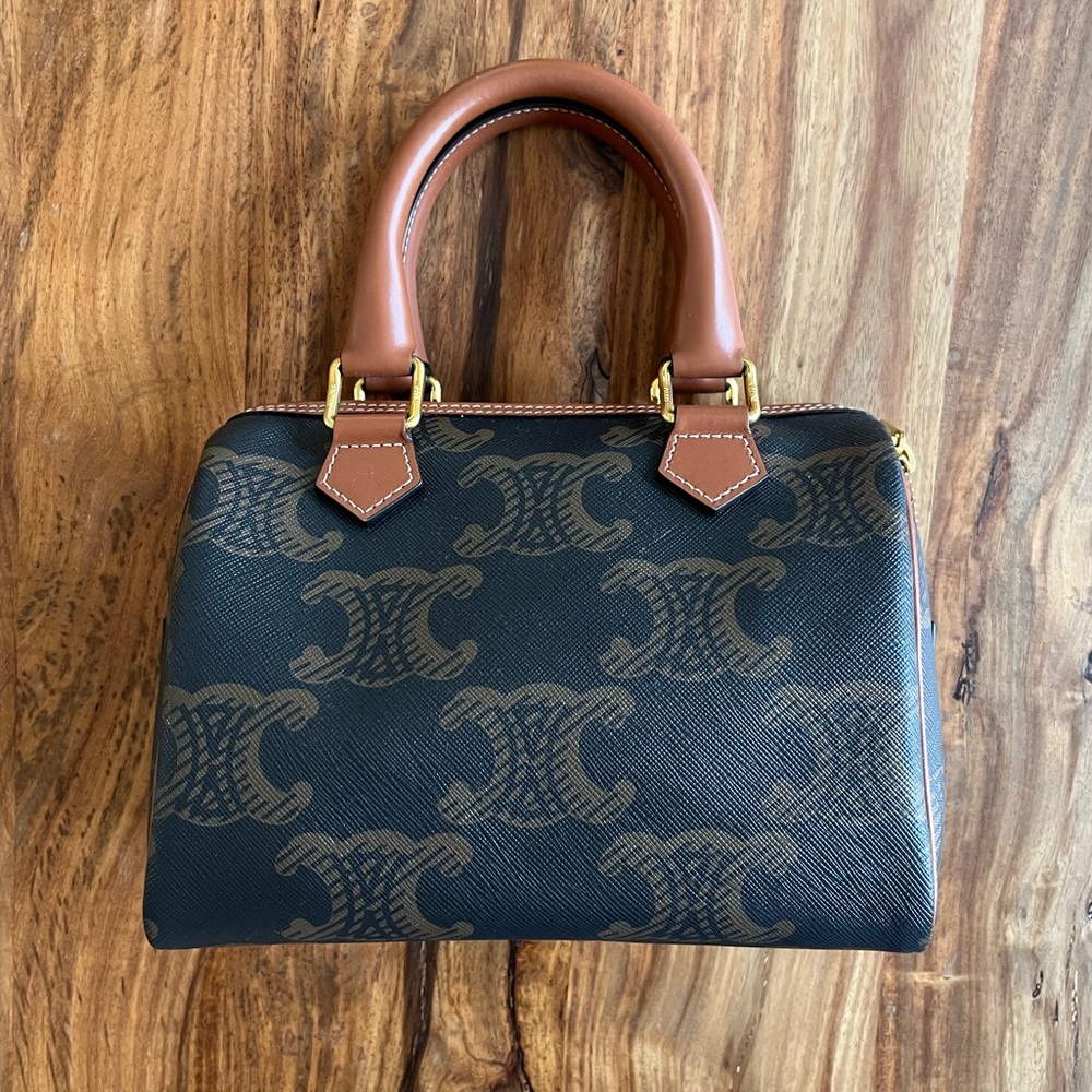 AUTHENTIC CELINE SMALL BOSTON IN TRIOMPHE CANVAS BAG BROWN TAN